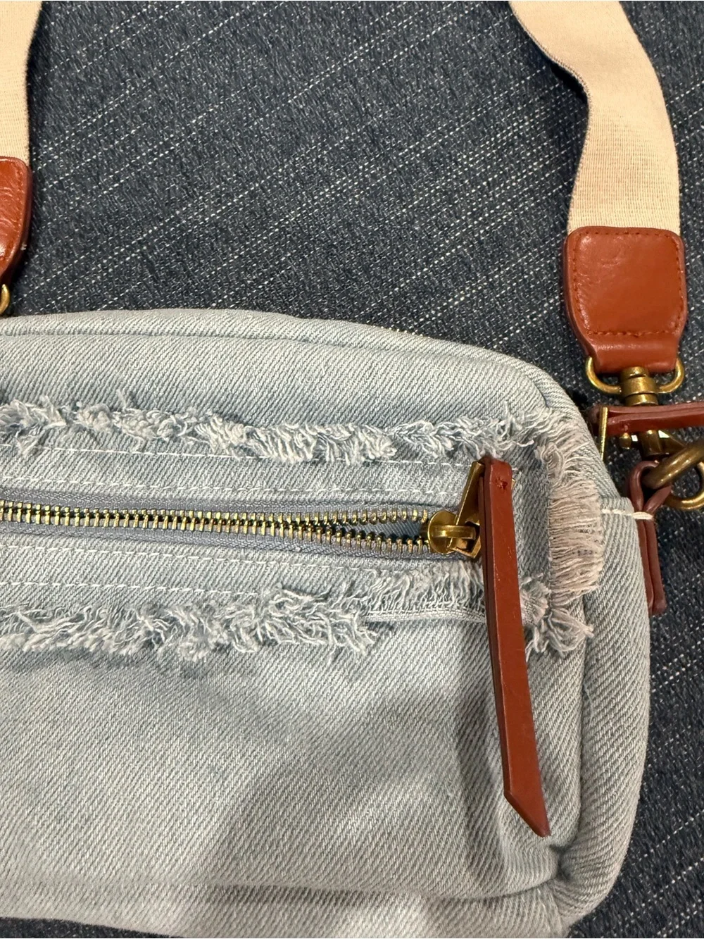 Universal Thread Light Blue Denim Crossbody with Tan Leather Accents